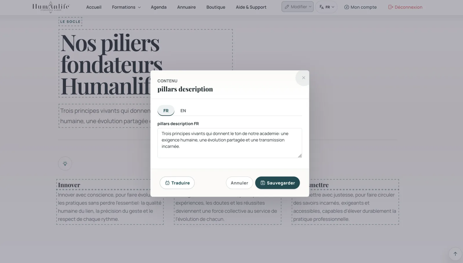 Interface d’édition bilingue des contenus Human Life Academy