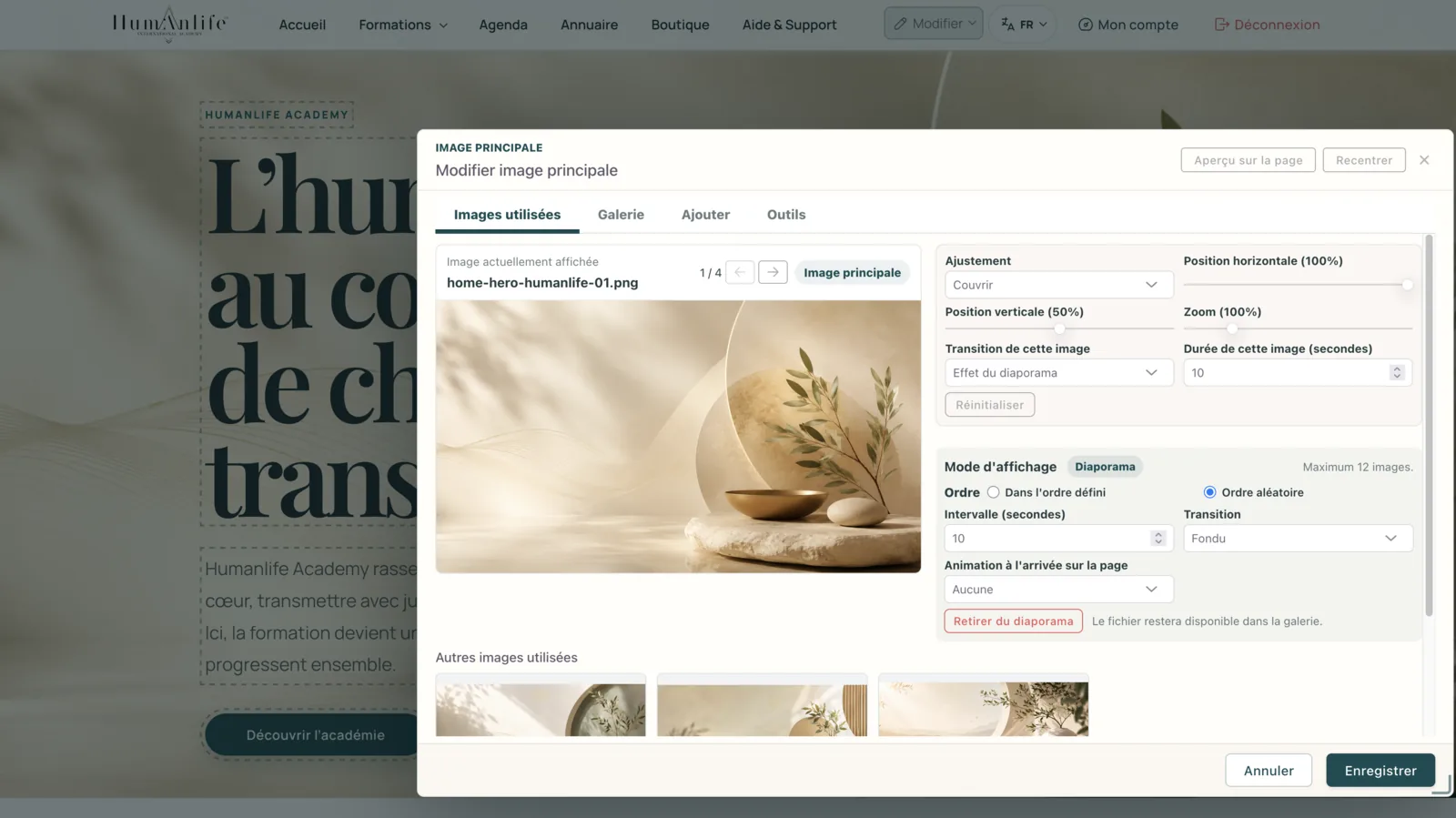 Interface de galerie média et de positionnement des images