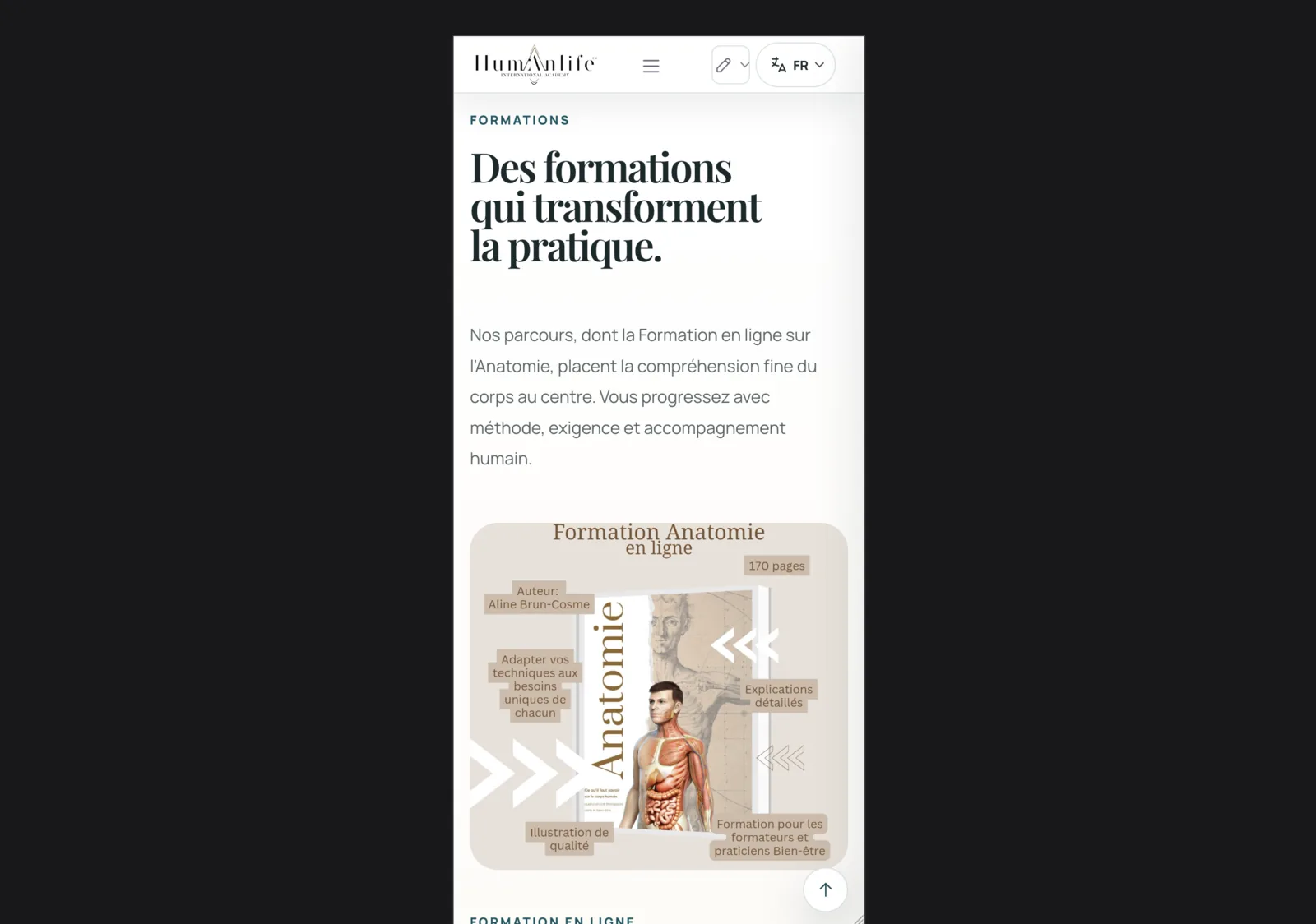Page d’accueil Human Life Academy affichée sur mobile